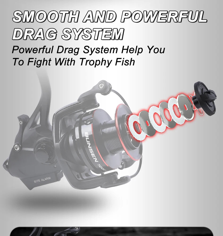 MIFINE BUNSEN Spinning Fishing Reel with Fish Bite Alarm Indication Back Front Daul Drag 10KG 6+1BB 4.7:1 6000 7000 Carp Fishing