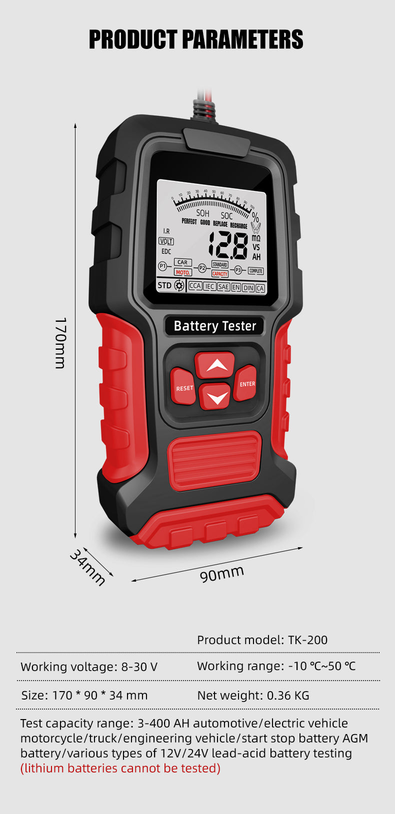 TK-200 12V/24V Smart Lead Acid Battery Tester Display Car Battery Tester