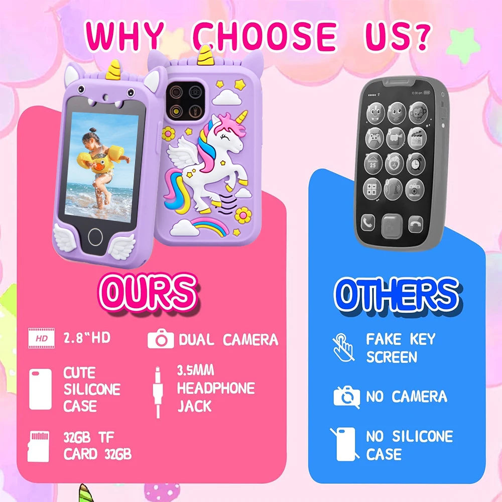 Kids Smart Phone Camera Toys Touchscreen Unicorn Baby Mobile MP3 Player Digital Camera Educational Toys for Girls Boys Age 3-8