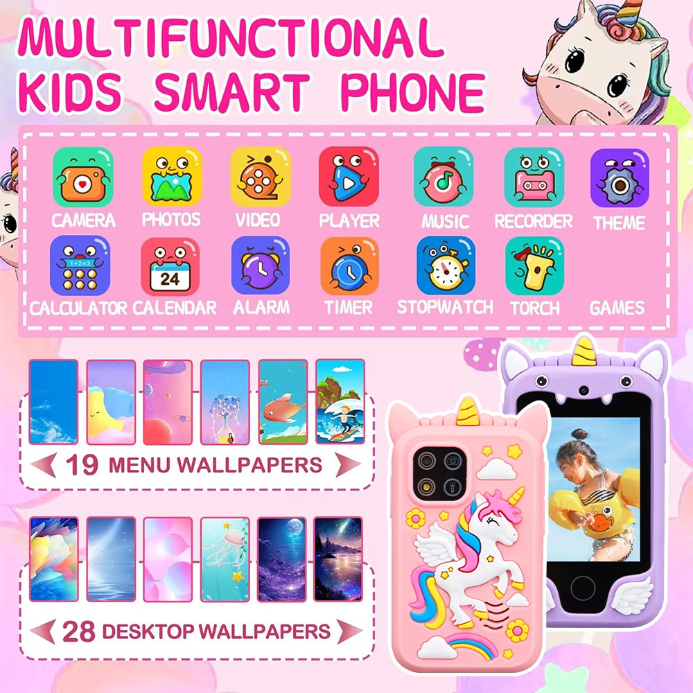 Kids Smart Phone Camera Toys Touchscreen Unicorn Baby Mobile MP3 Player Digital Camera Educational Toys for Girls Boys Age 3-8