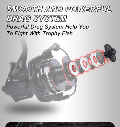 MIFINE BUNSEN Spinning Fishing Reel with Fish Bite Alarm Indication Back Front Daul Drag 10KG 6+1BB 4.7:1 6000 7000 Carp Fishing